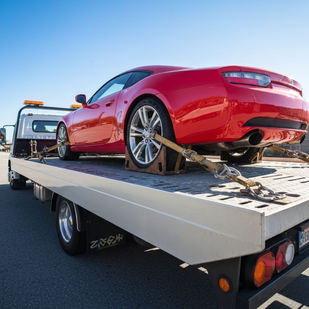 flatbed tow truck near me - vehicle secured on flatbed