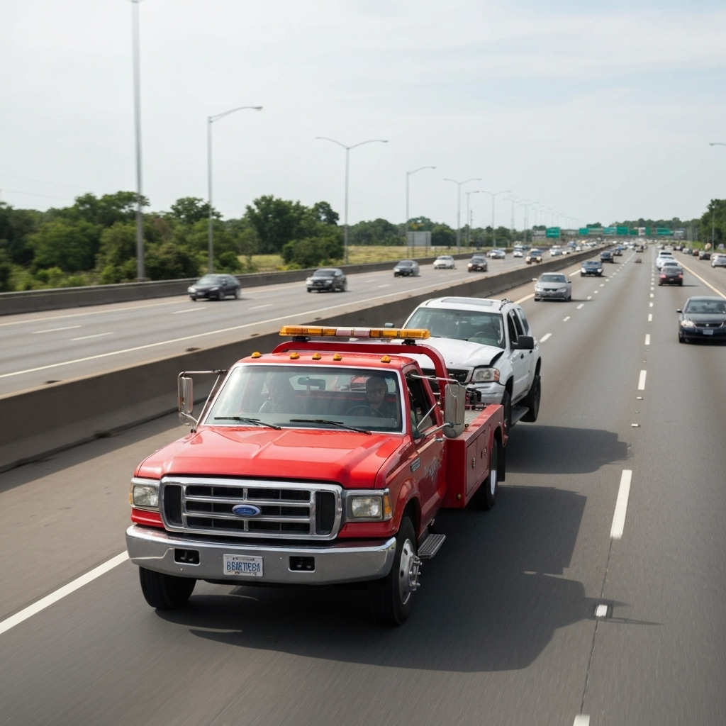 Professional tow truck in motion on highway